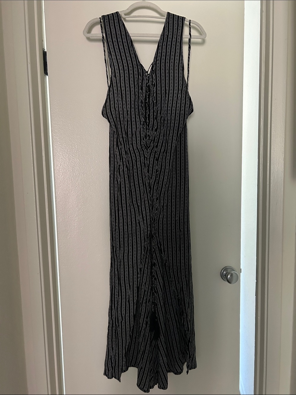 Indah Lace Up Black and White Striped Maxi Dress